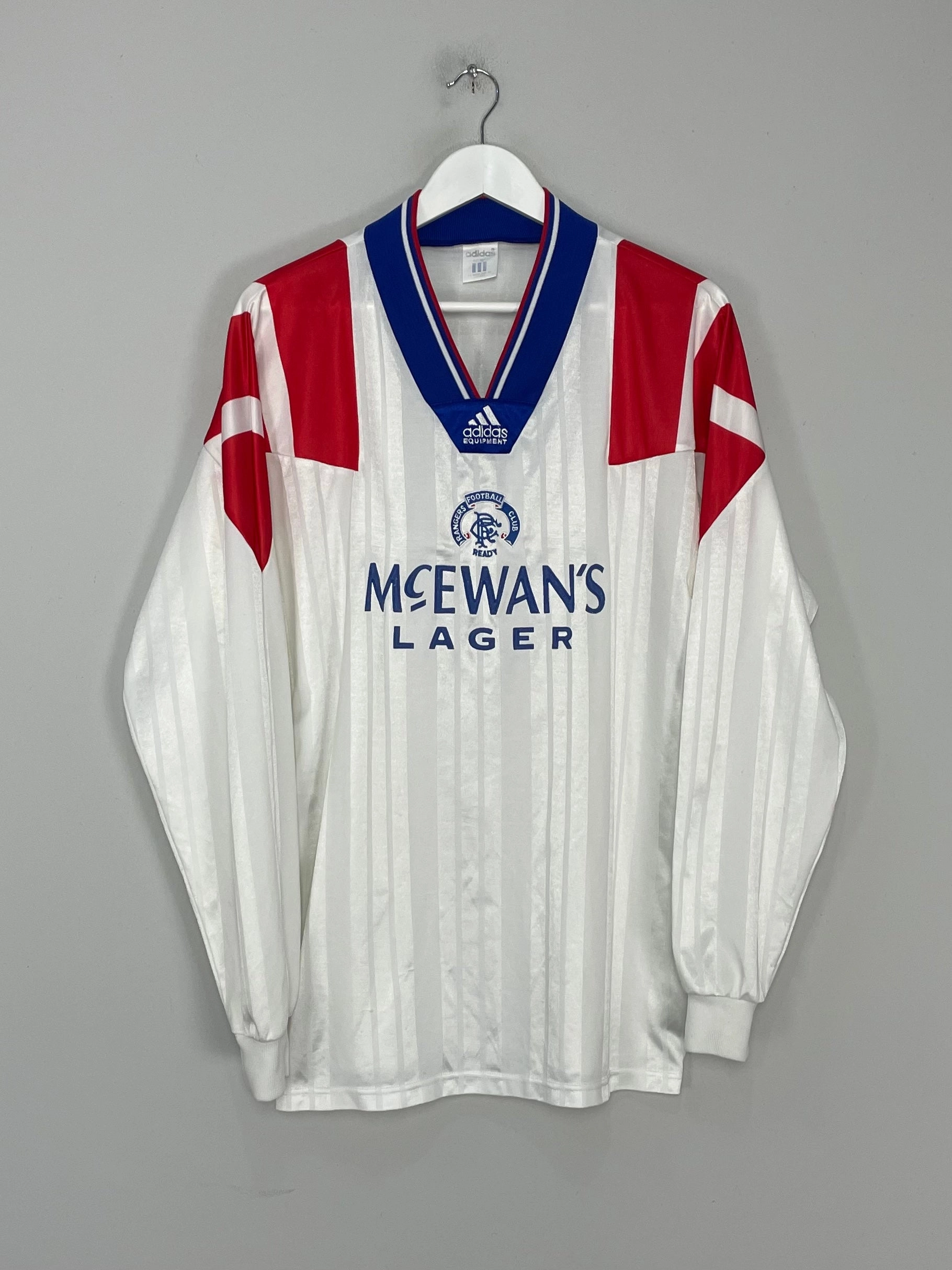 Laser Cut Edge Finishing Compact Yarn Durability 1992/94 RANGERS *PLAYER ISSUE* L/S AWAY SHIRT (XL) ADIDAS