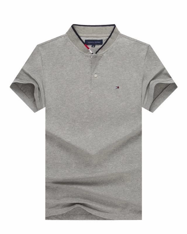 Tommy Hilfiger Grey Band Collar Men T shirt Dimensional Stability Weave Drop Shoulder Cut