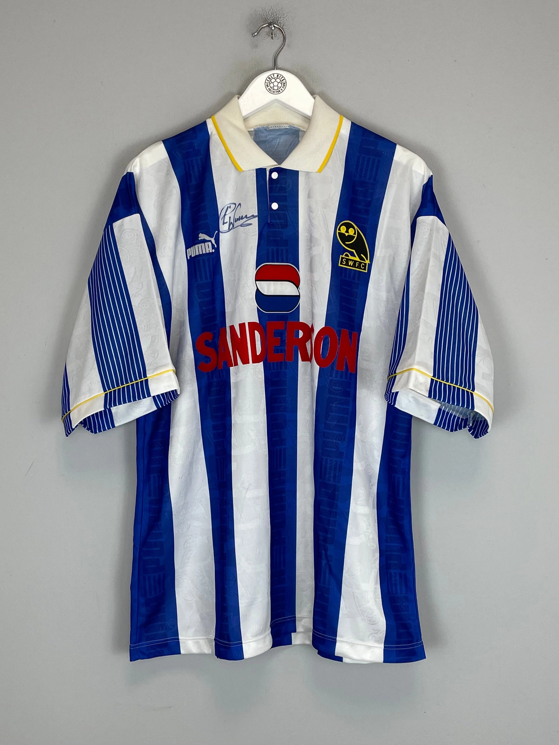 1993/95 SHEFFIELD WEDNESDAY *SIGNED* HOME SHIRT (XL) PUMA Knit Grid Mesh