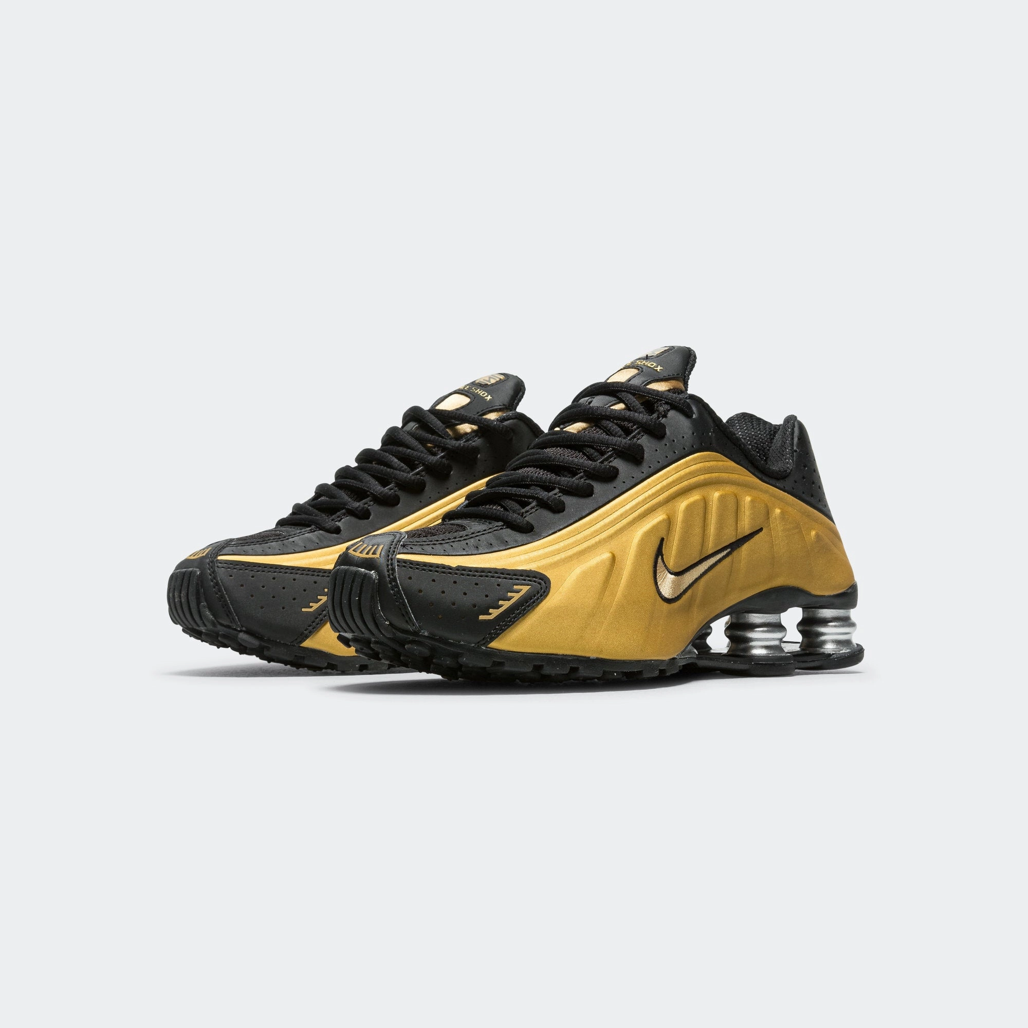 Womens Shox R4 - Black/Metallic Gold-Metallic Silver Synthetic Leather Panels Long-Distance Walking