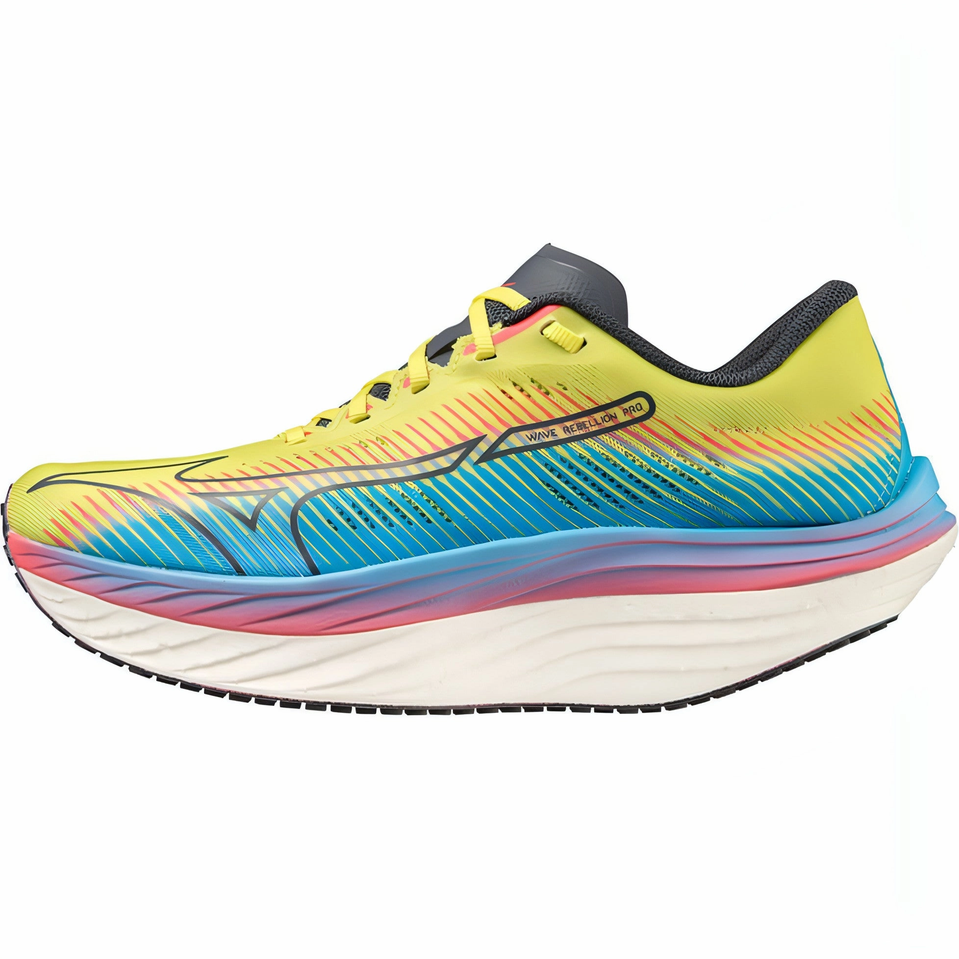 Secure Lace Loops Heel Counter Structure Mizuno Wave Rebellion Pro Mens Running Shoes - Yellow