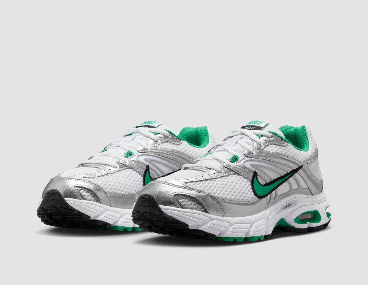Clean Stitching Hyper Breathable Upper Nike Women's Air Max Moto 2K Metallic Silver / Stadium Green - White