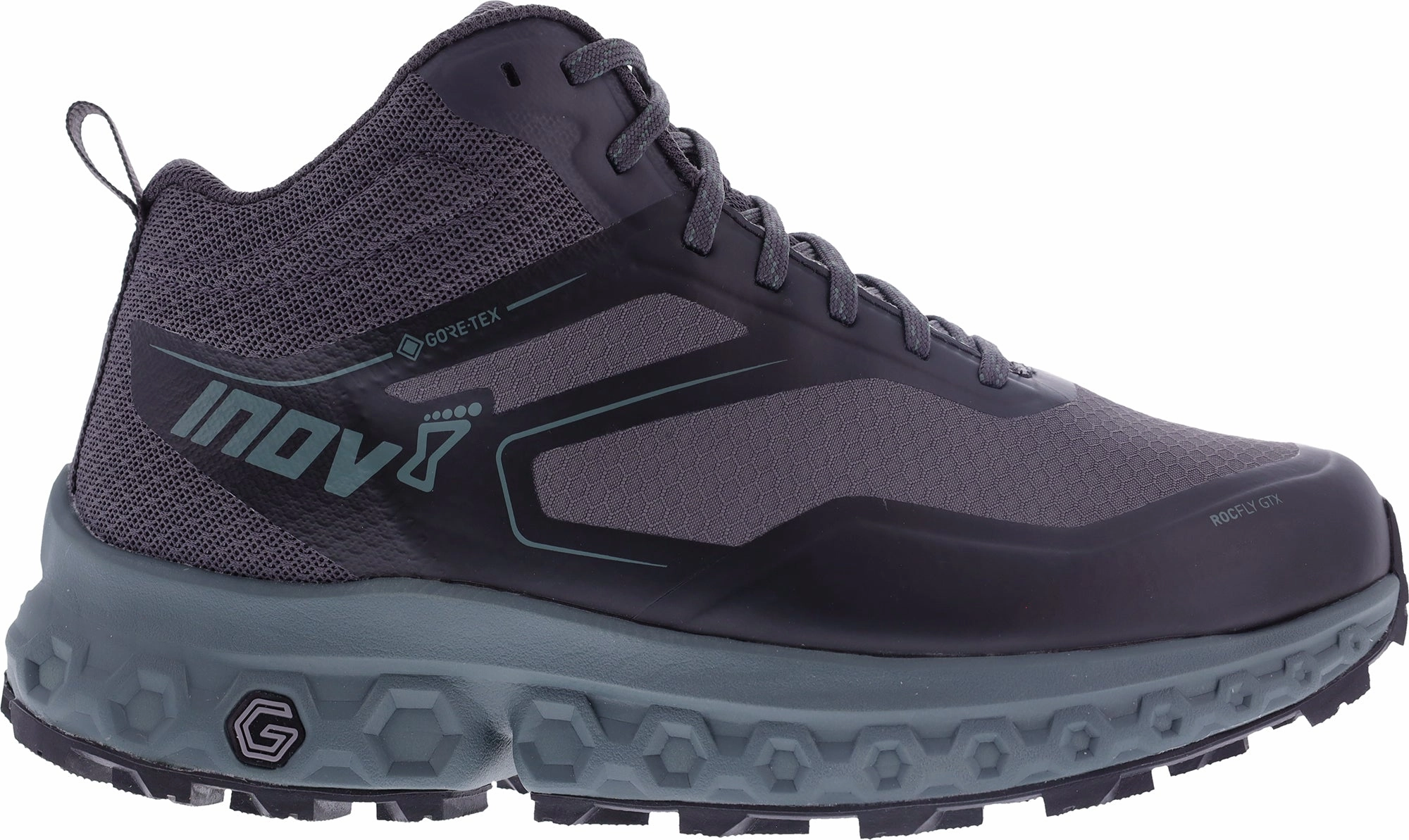 Steep Incline Inov8 RocFly G 390 GORE-TEX Womens Walking Boots - Grey