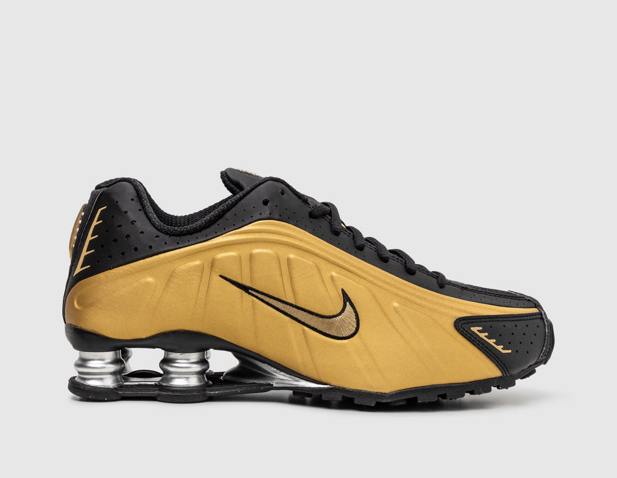 Nike Women's Shox R4 Black / Metallic Gold - Metallic Silver Agile Movement Lace Up Closure Systems